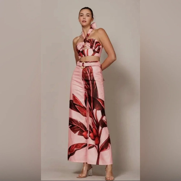 NWT Pink Tropical Print Halter Top & High Waisted Pant Set w/ Matching Belt - Picture 3 of 5